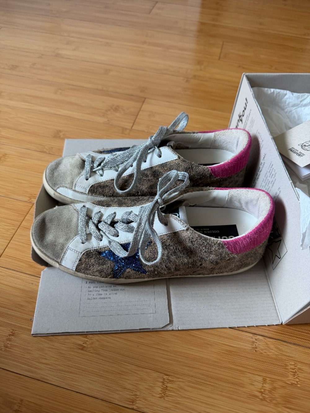 Golden Goose Super-Star Leopard Glitter Star Sneakers Size 39 Pink Heel